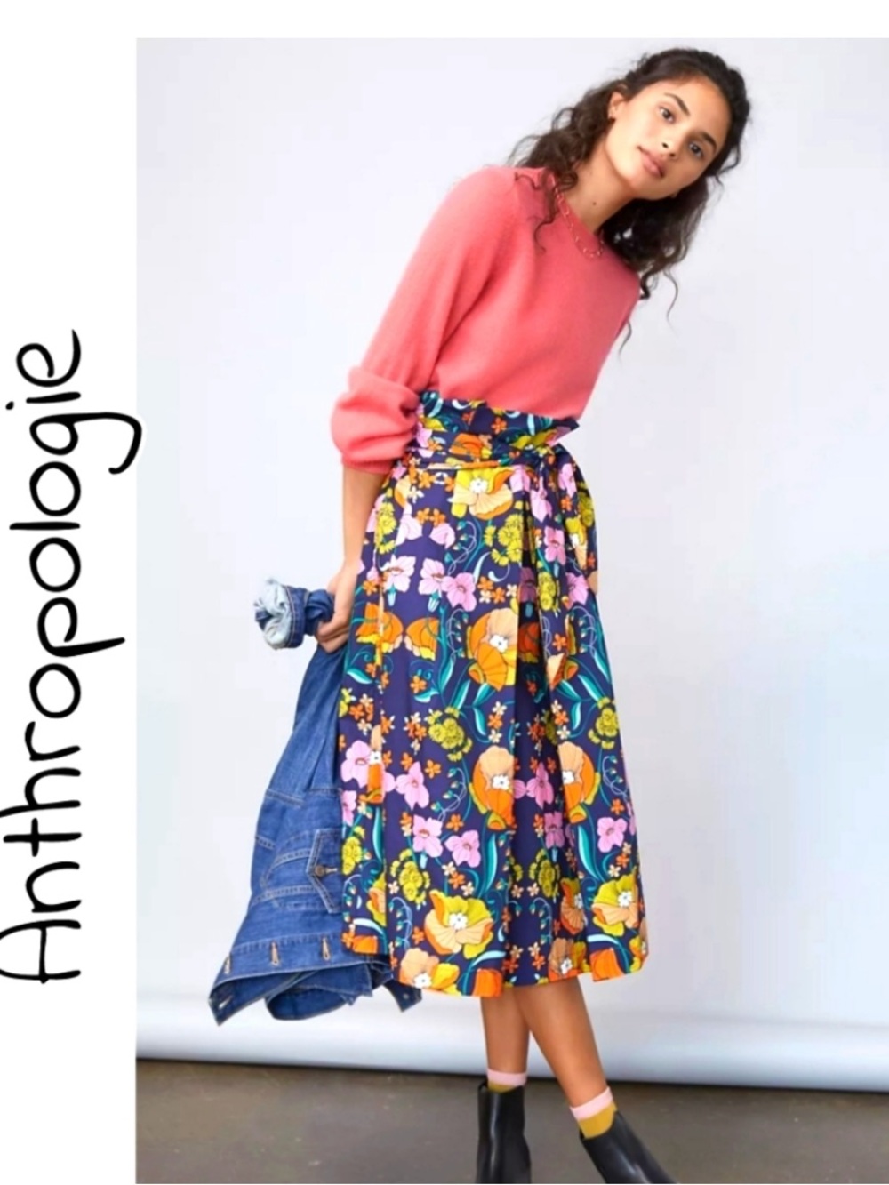 Anthropologie Kayla Paperbag Midi Skirt 70s Floral Tie-Waist A-Line Skirt medium
